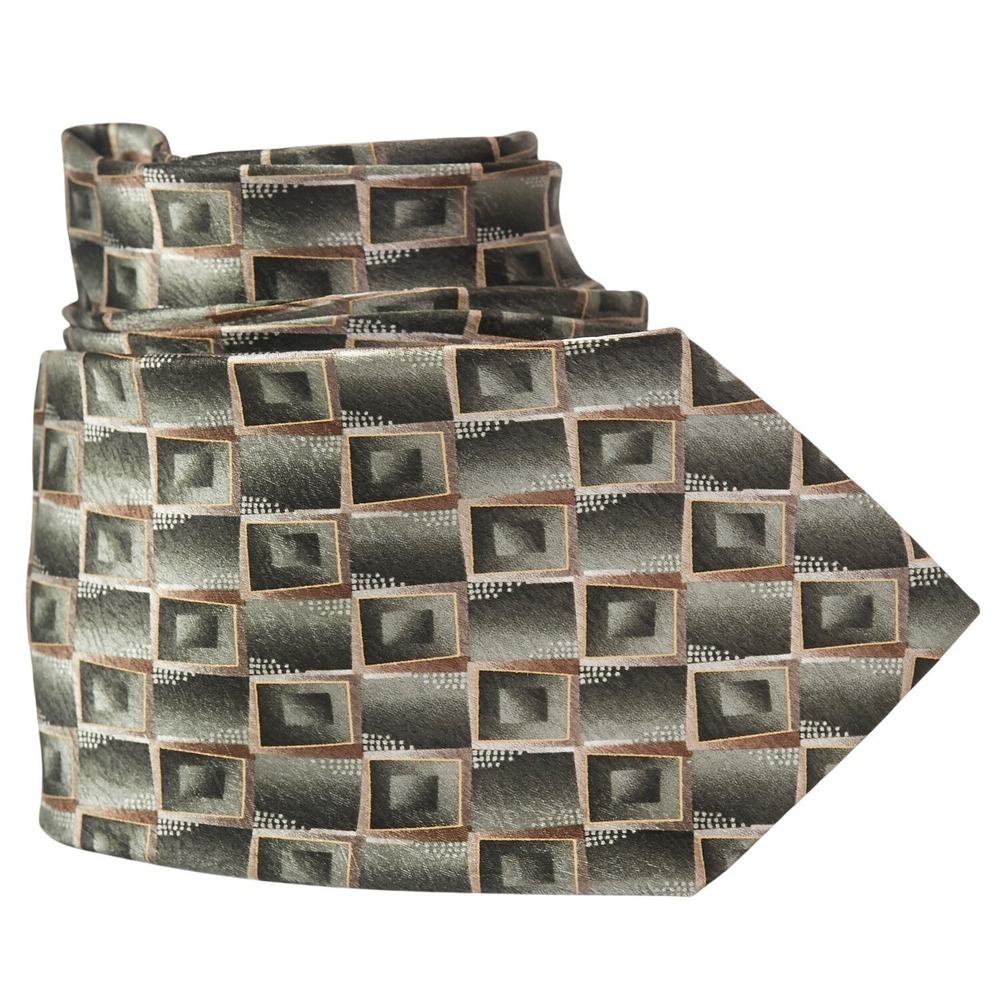 Pierre Cardin Men's Silk Necktie Designer Geometric‎ Squares Olive Green Brown